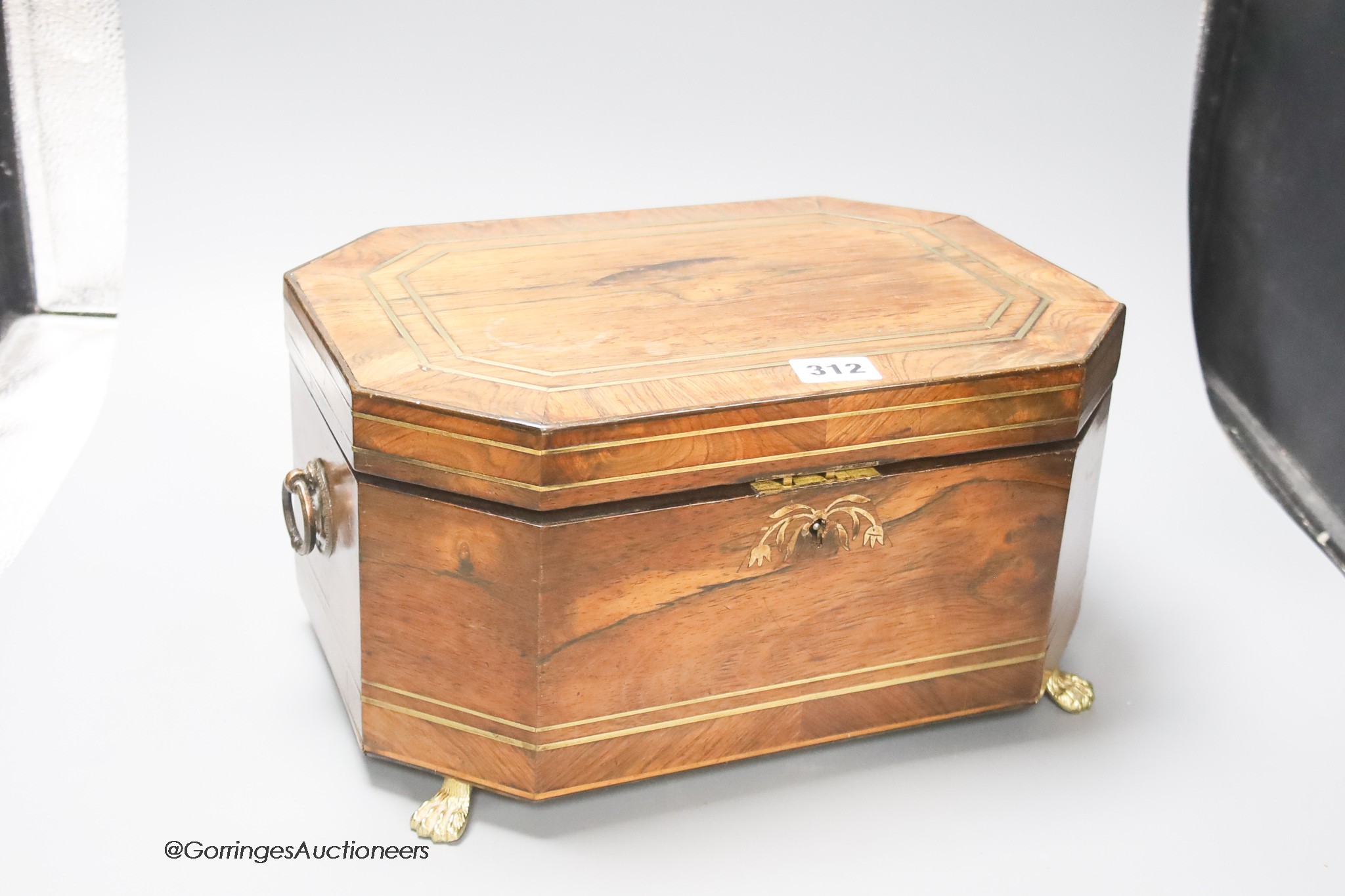 A large 19th century brass banded rosewood work box, width 33cm height 18cm